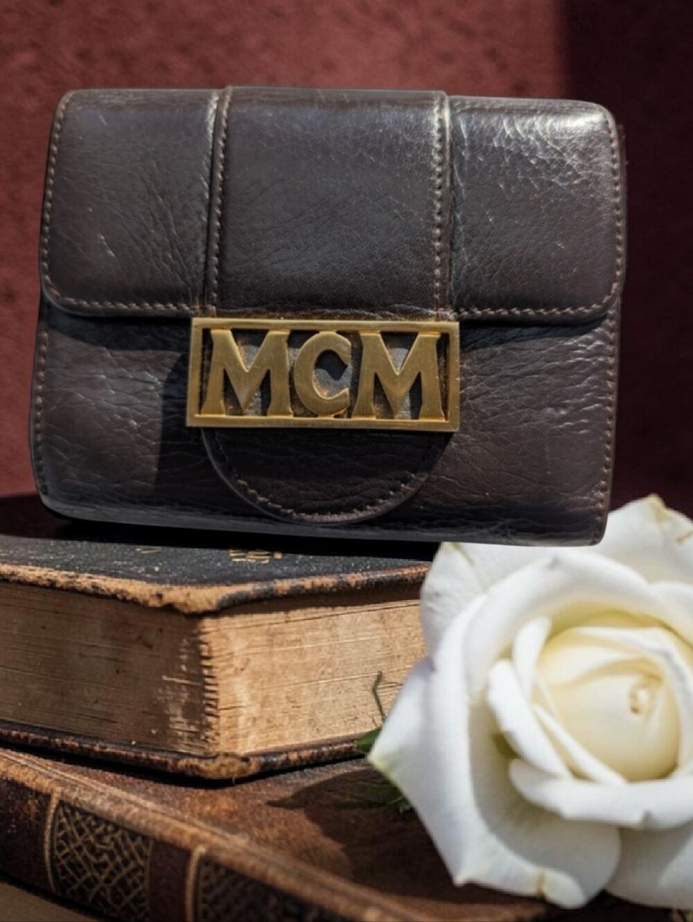 MCM Dark Brown Leather Wallet with Gold Logo